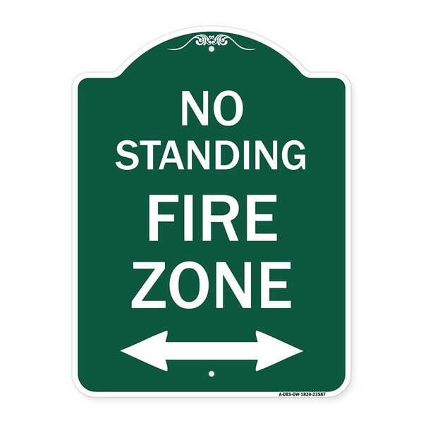 No Standing Fire Zone W/ Bidirectional Arrow, Green & White Aluminum Sign, 18" x 24", GW-1824-23587